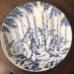 Japanese Arita-ware Plate Dish Cobalt Blue & White Bamboo Scholars Charger, Large 15” Diameter Porcelain Plate
