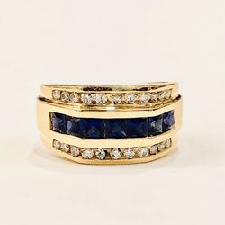 10K Yellow Gold Dome Design Diamond +blue Stones 