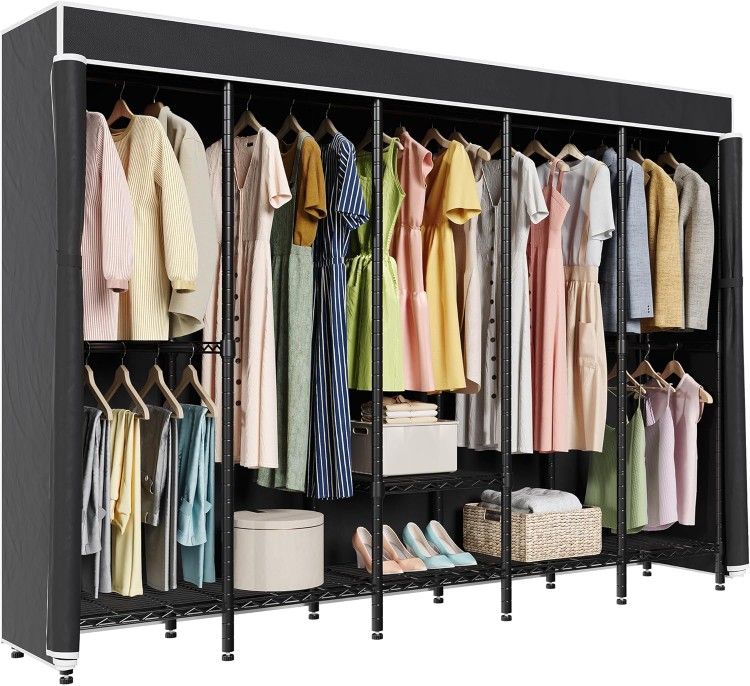 H5C Heavy Duty Garment Rack with Cover Clothes Rack with Adjustable Shelves Wardrobe Closet Hanging Rods Portable Closet for Storage and Organizer, Bl