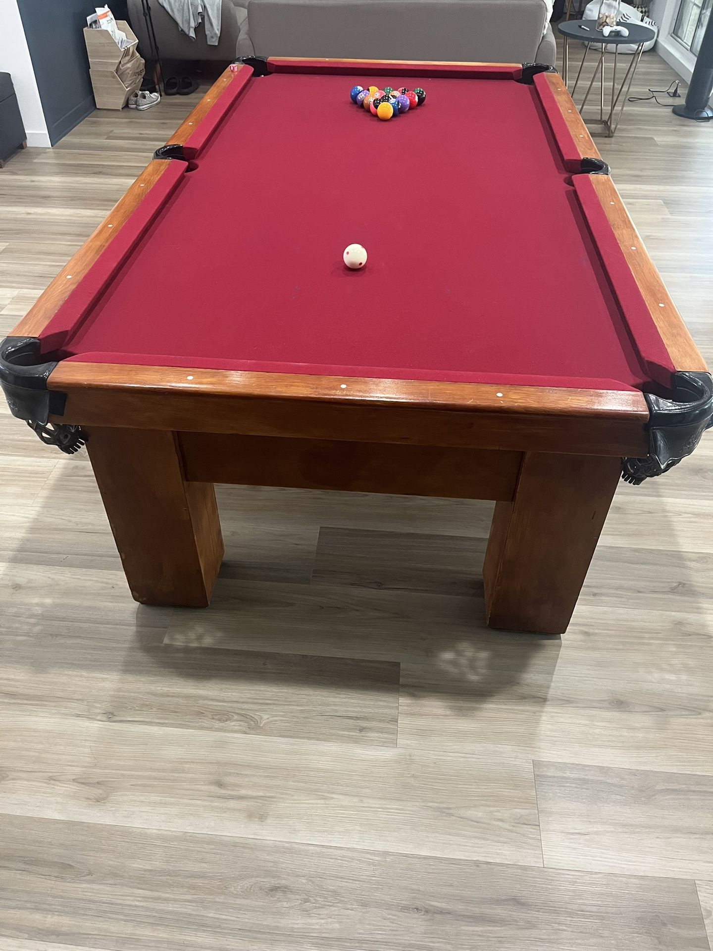 Solid Wood Pool Table with Red Felt - Main Image