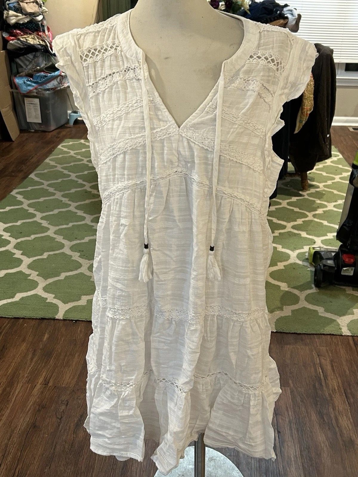 Knox Rose Womens White Peasant Eyelet Tiered Boho Dress Flutter Sleeve XL Bridal