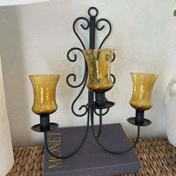 Vintage Wrought Iron Metal candleabra Wall hanging Amber Glass Votives Mid Century Candle Holder MCM Gothic Heavy Collectible 