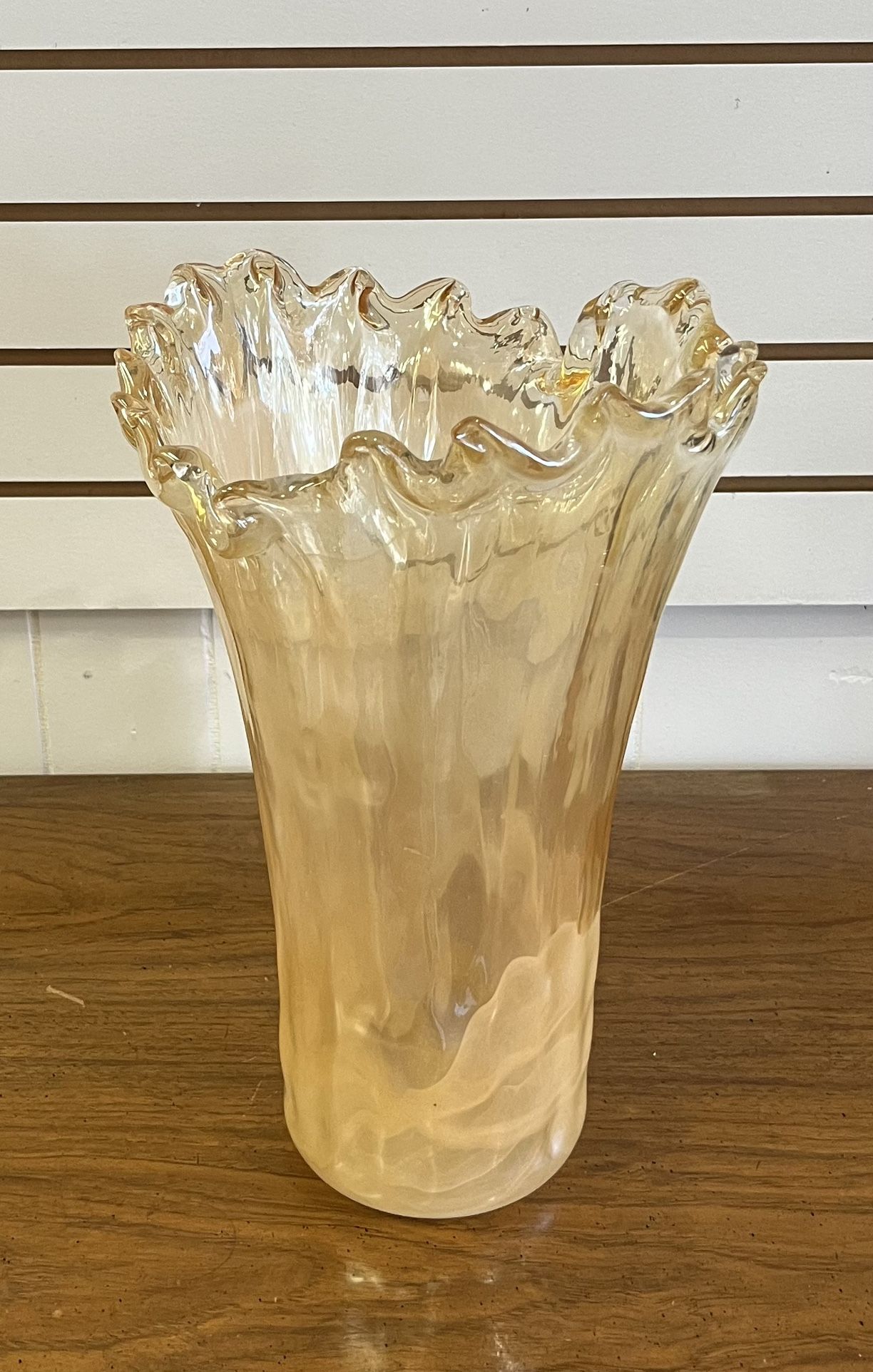 Vintage Murano Vase-Peach White  Swirl -Finger Edge 15”