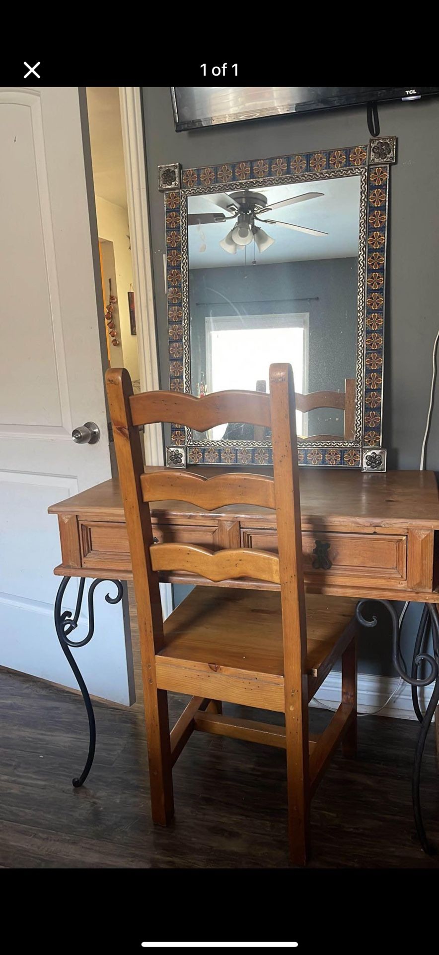 Rustic Wooden Vanity Set with Mirror & Chair