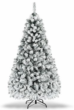 7.5 FT Pre-Lit Christmas Tree, Snow Flocked Hinged Xmas Tree 1010 Branches Tips & 450 LED Lights