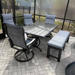 Palm casual Outdoor Pool Dining Table, 4 Swivel Chairs, Seat Bench And Side Table