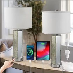 Set Of 2 Touch Control Table Lamps, Modern Silver Mirror Bedside Lamp with 2 USB Ports, 3-Way Dimmable Real Marble Gold Nightstand Lamp