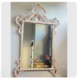Gorgeous, La Bargue Mirror, made in Italy. Hand carved, beveled mirror. Florentine, Rococo, Spanish revival style. This exquisite piece of art, hand c