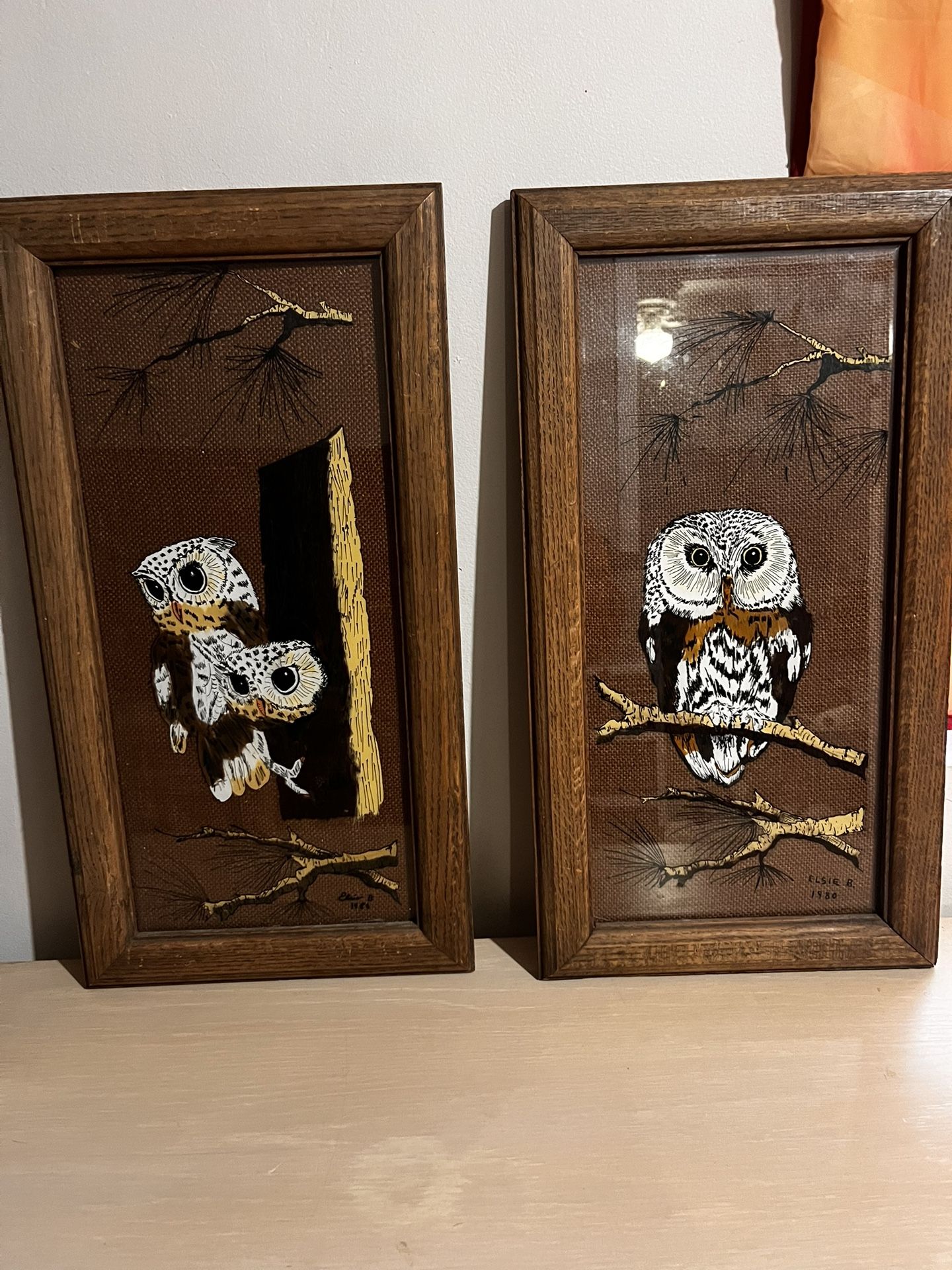 2 vintage wooden framed reverse owl paintings on glass