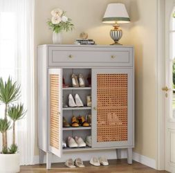 F1880 new assembled Wooden Shoe Cabinet, Rattan Shoe Organizer with Doors and Drawer
