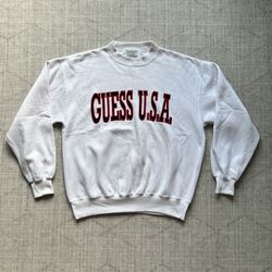 Vintage 1980s GUESS USA Sportswear Sewn Logo Men’s White Crewneck Sweater MEDIUM