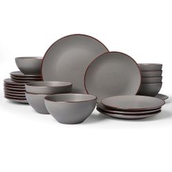 Famiware Venus Plates and Bowls Sets with Trim, 24 Pieces Speckled Stoneware Dinnerware Set for 8, Matte Dark Gray - Microwave & Dishwasher Saf=517