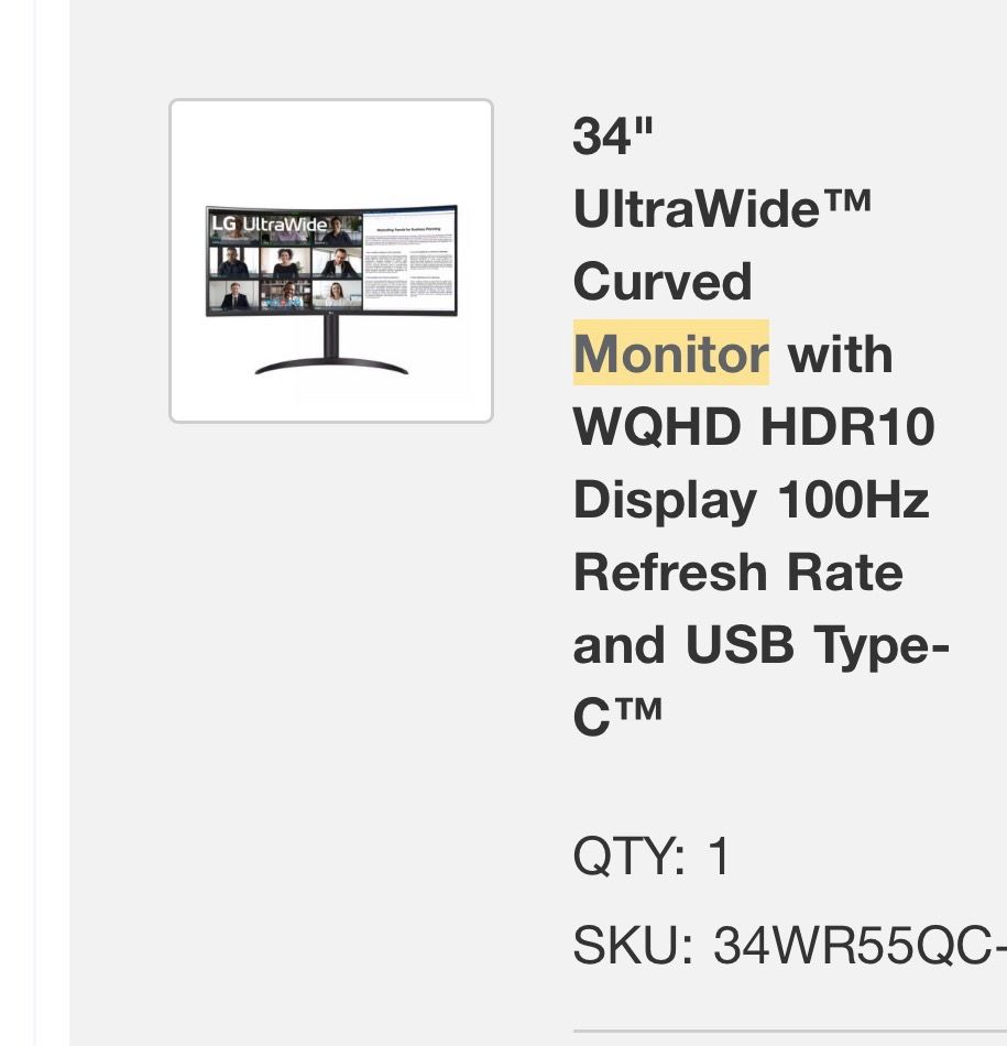 LG 34” Curved Ultrawide Monitor (34WR55QC) – For Parts / Repair