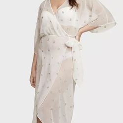 NWT Victoria's Secret White Sheer Long Floral Embroidered Robe, Sz XS/S