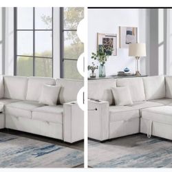 $550.  Sectional Pull Out Bed With Storage USB Cup Holder Available,I Ivory,Dark Gray,Corduroy