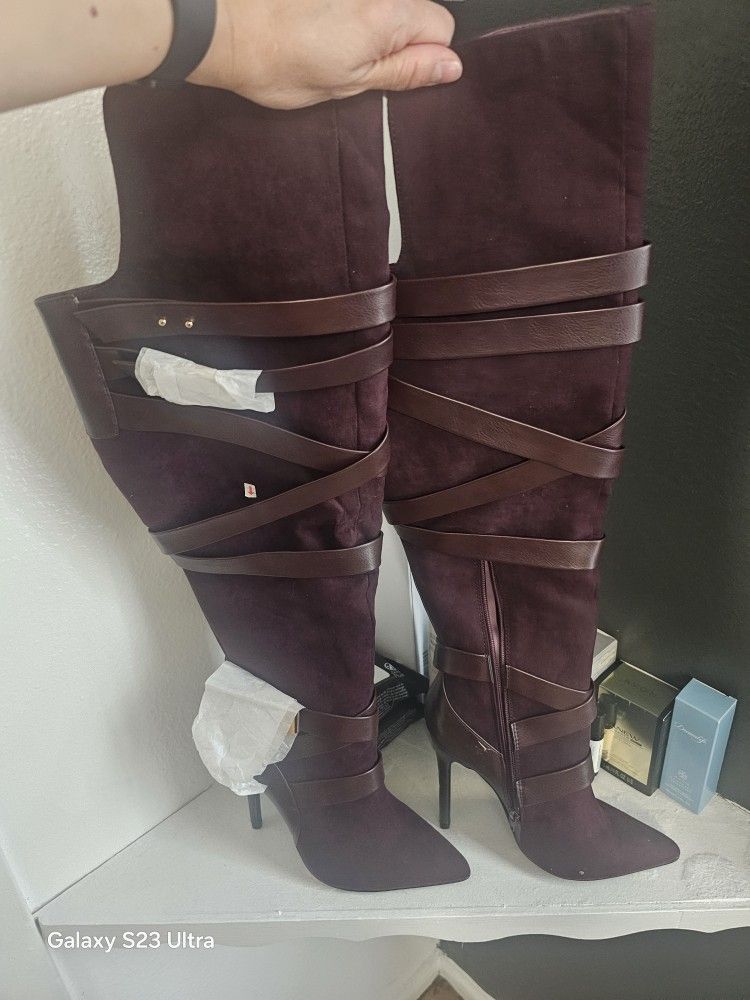 Burgundy Thigh High Heeled Boots