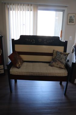 Sedona Shabby Chic Blue Orange White Love Seat Bench With Cushion