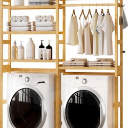 Over The Washer and Dryer Storage Shelf Bamboo,5 Tiers Laundry Room Drying Rack with Adjustable Shelves and 4 Hooks,Space Saver Organizer for Hanging 