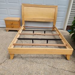 Blonde Wood Queen Size Bed Frame with Center Supports and 2 Drawer Night Stand 
