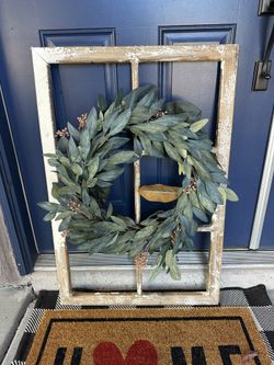Wood Window Frame And Magnolia Wreath