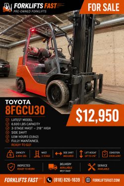HEAVY TOYOTA 8FGCU30 forklift 6600 lb,3 stage, side shift for sale LOW HOURS