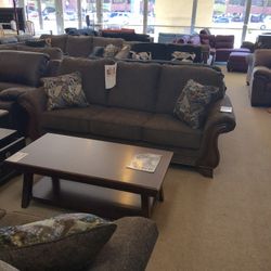 Brown Sofa + Loveseat With Wooden Base