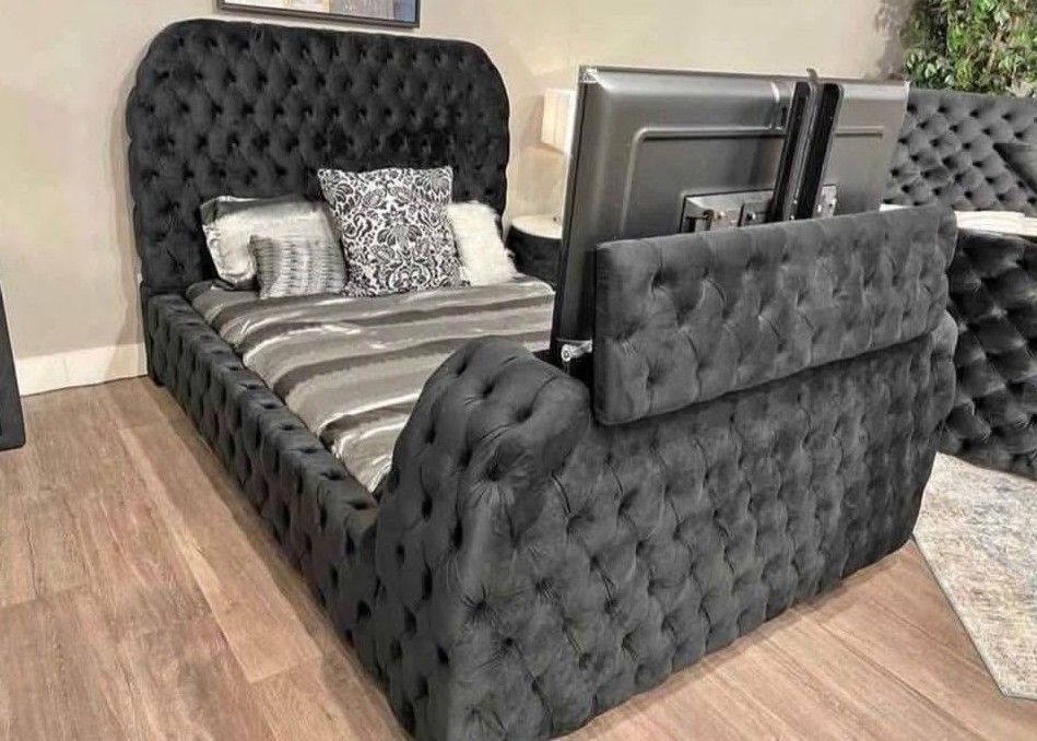 Bed frame with Fireplace and heater and TV mount King and Queen sizes Black