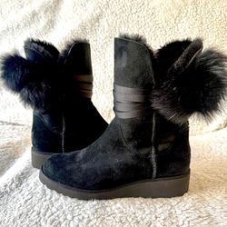 UGG Australia BRITA Black TOSCANA POM POM Satin Ribbon Boot Sz 6 EUC