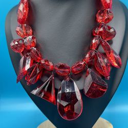 Large Red Faceted Lucite Statement Necklace 26” Length Unique Shaped Beads Good Condition 