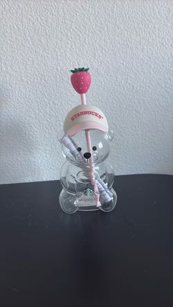 Starbucks Pink Barista Drink Strawberry Bear  20 oz Cup Glass Authentic