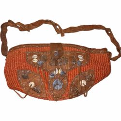 Vintage Orange Woven Straw and Leather Boho Shoulder Bag