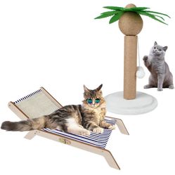CheeFun Cat Hammock & Scratching Post: Tall Cat Tree Scratcher Post with Ball & Natural Solid Wood Cat Chair - Cat Furniture for Indoor Cats
