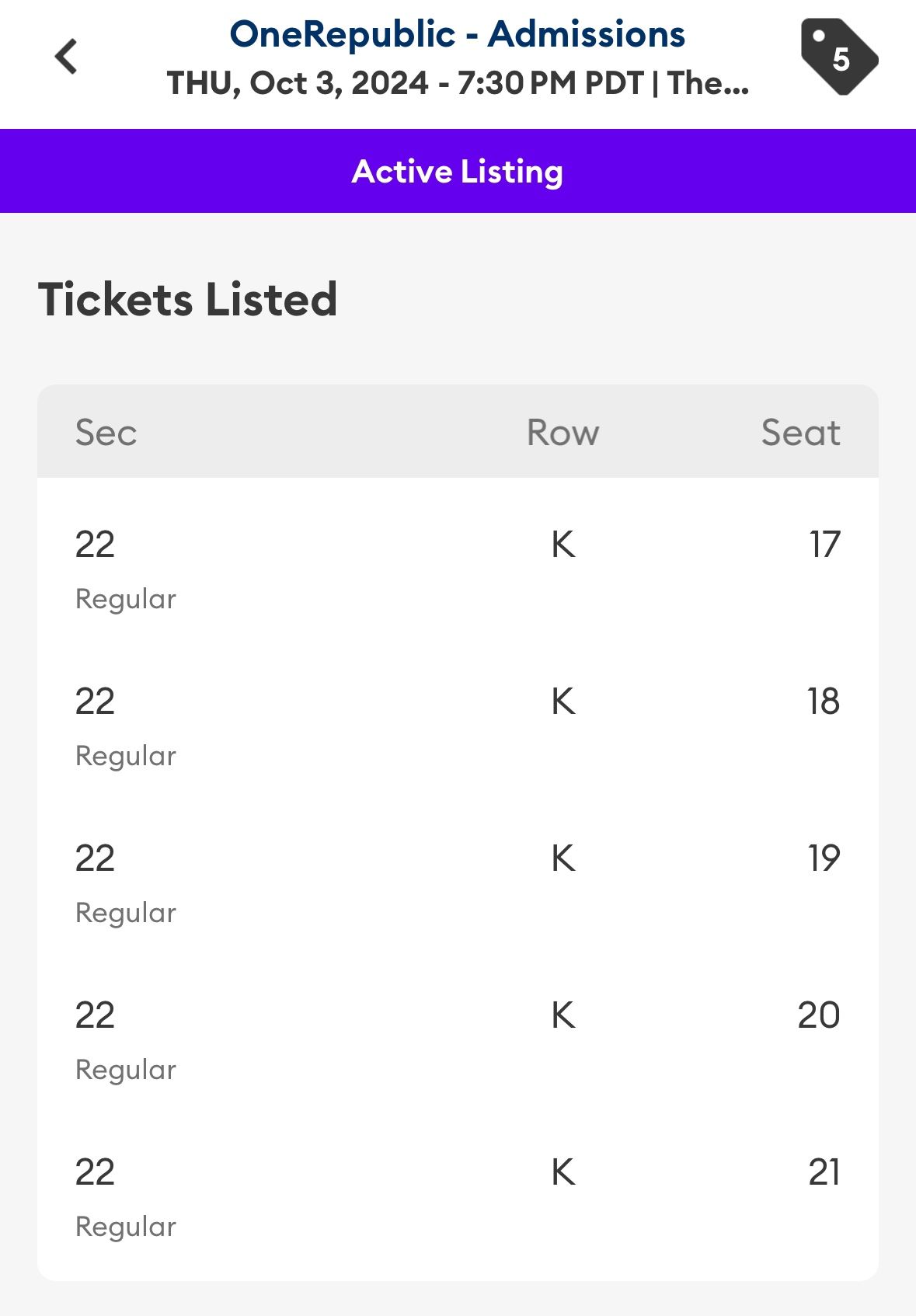 One Republic Concert Tickets (Mountain Winery)