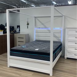 White Canopy Queen Bed Frame With LED Lights 