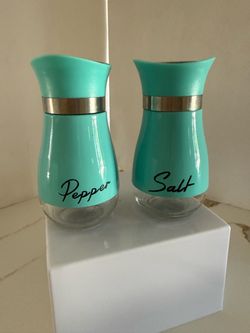 Salt & Pepper Shakers - Aqua Glass with Stainless Steel Accents