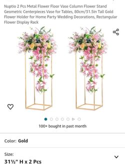Nuptio 2 Pcs Metal Flower Floor Vase Column Flower Stand Geometric Centerpieces Vase for Tables, 80cm/31.5in Tall Gold  Flower Holder for Home Party W