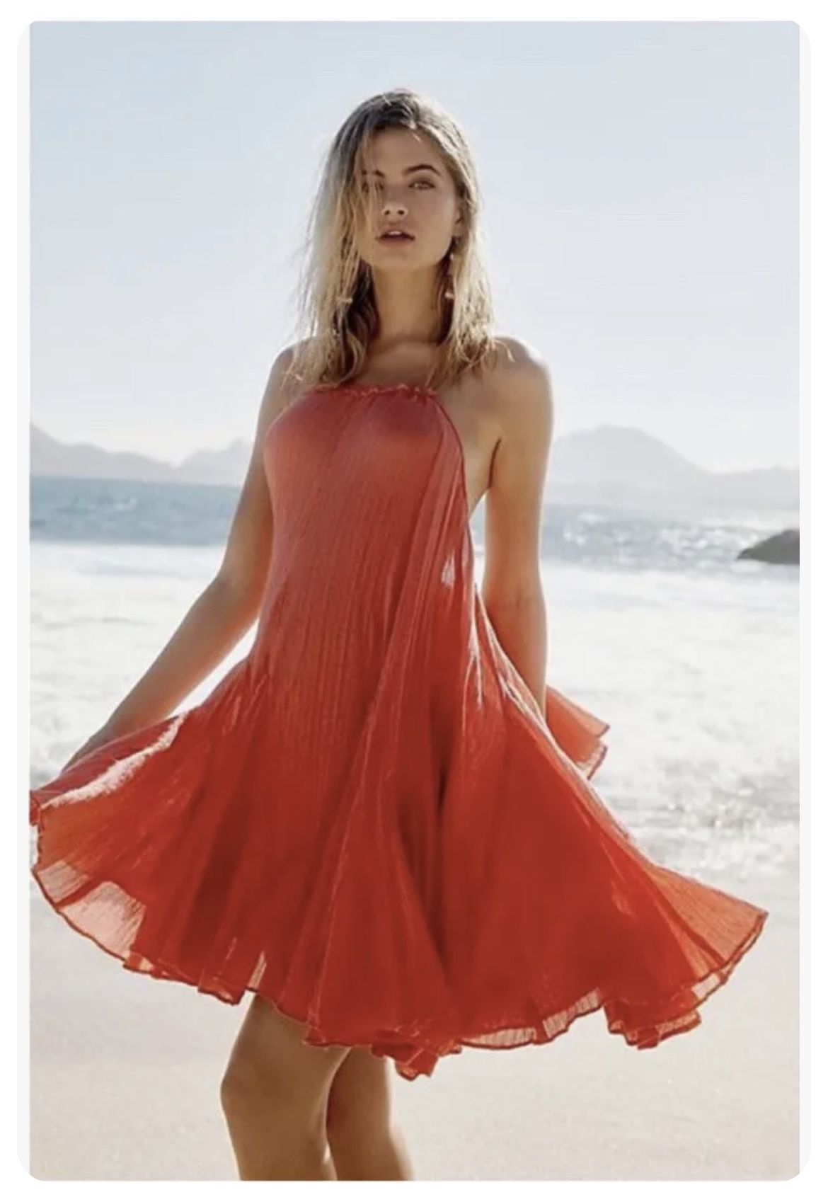 New FREE PEOPLE Catching Rays Tunic Mini Halter Dress in Coral (Medium) NWOT