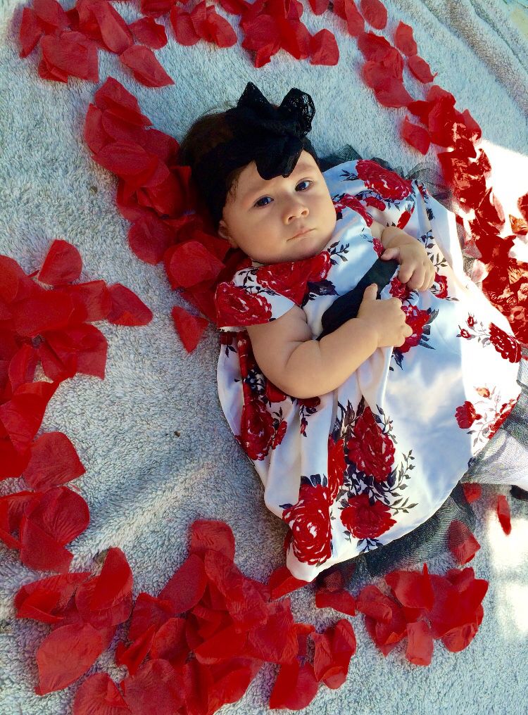 9 m Infant Girl Red Flower Dress with Peek A Boo Tulle