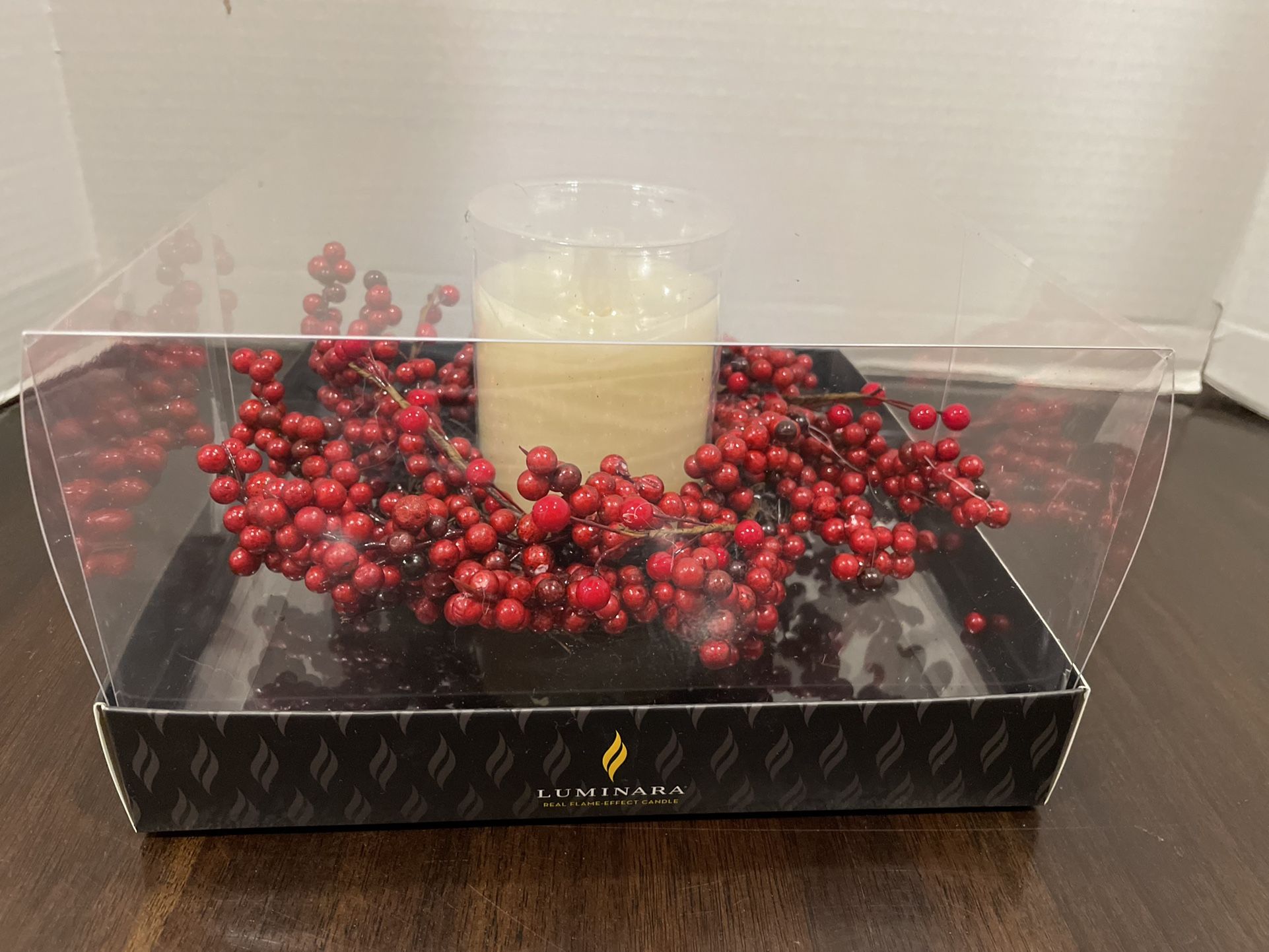 Luminara Red Berries Centerpiece 3”x4.5” Pillar Candle Brand New