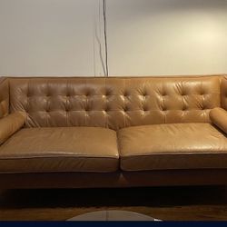 Contemporary Mid-Century Modern Tufted Leather Sofa Couch, 82"W, Cognac
