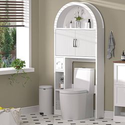 249 Over The Toilet Storage Cabinet, Freestanding Bathroom Organizer with Adjustable Shelf and Anti-Tip Device, Arched Cabinet with Doors, Space-Savin