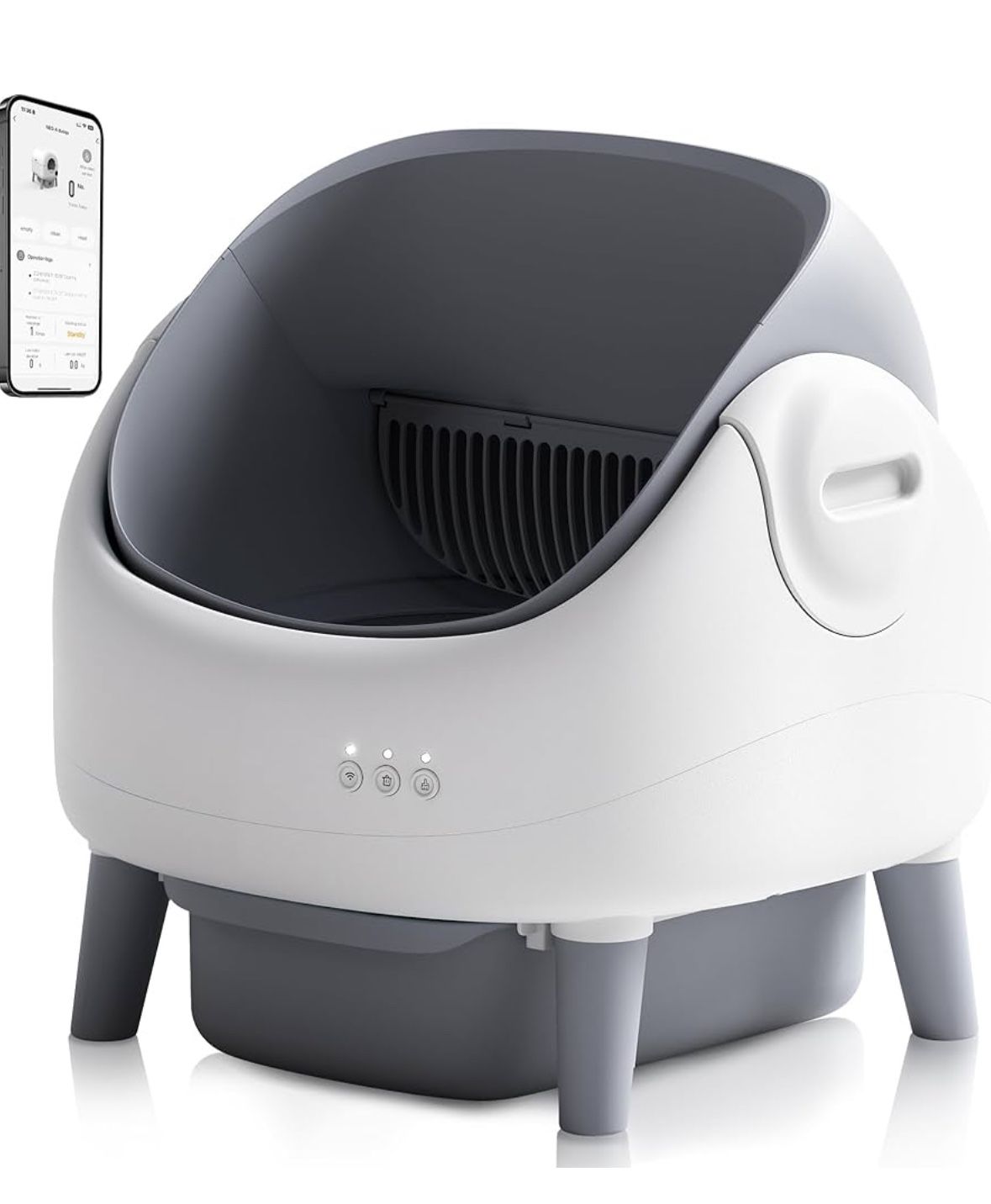 Open-Top Self Cleaning Litter Box, Automatic Cat Litter Box with APP Control, Dual Safety Sensors, Includes Trash Bags, Grey-White