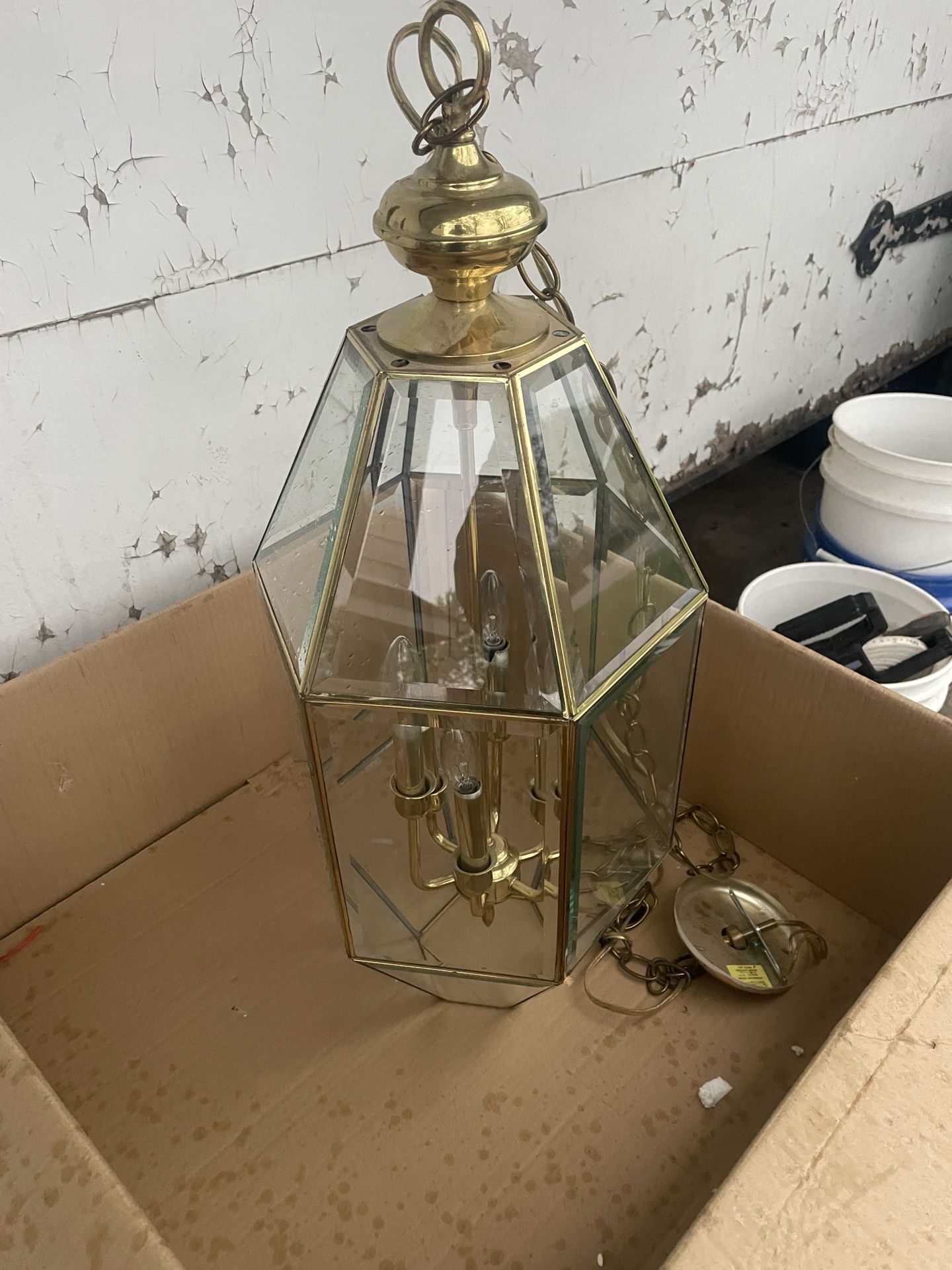 Antique hanging light fixture, brass and glass