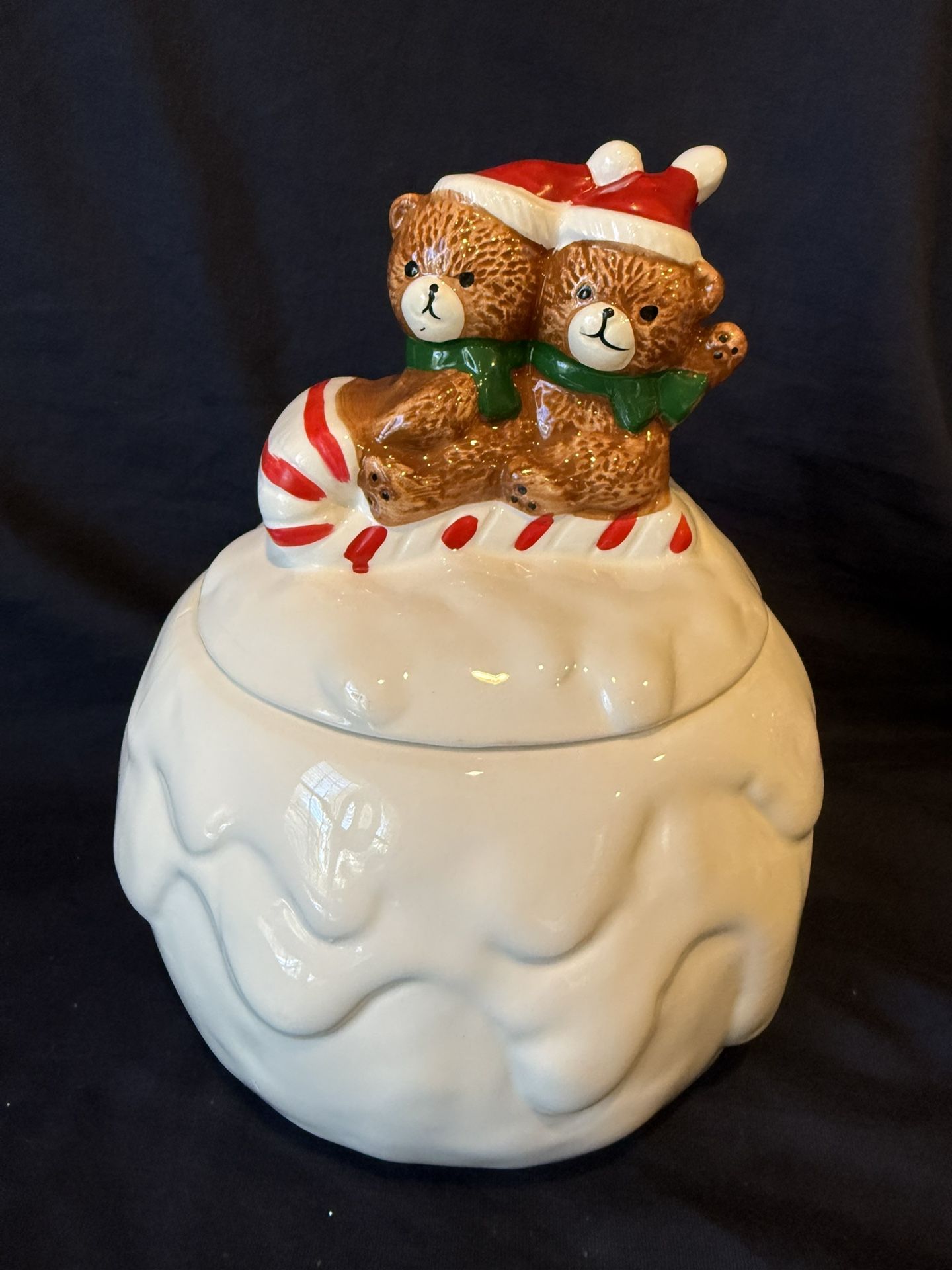 Vintage Christmas Snowball With Bears Sledding Cookie Jar