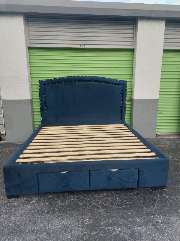 Blue King Bed Frame With 2 Drawers