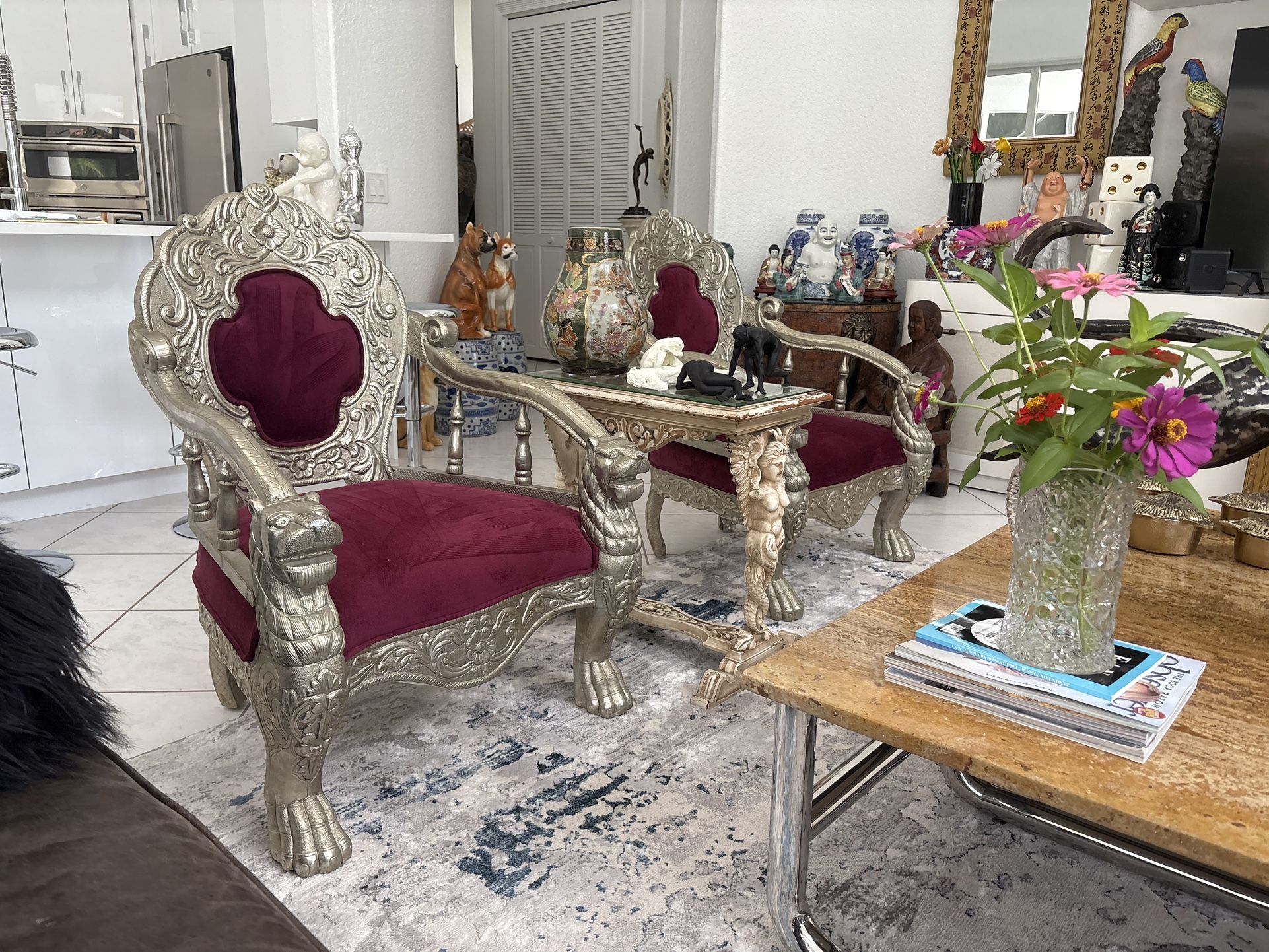 2 FABULOUS SILVER CARVED BAROQUE THRONE CHAIRS. Victorian Lion Or Panther Heads On Arms. Plum Fabric. No Pets, Smoking Or Children.  PAIR $850. 