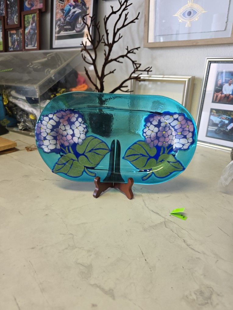 iridescent Pate Fused Art Glass Hydrangea Signed Jan Mitchell