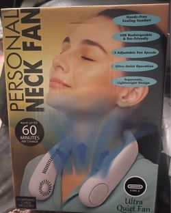 BRAND NEW IN BOX White ultra, quiet, personal neck fan Hands-free cooling comfort, USB rechargeable, and eco-friendly, three adjustable fan speeds, ul