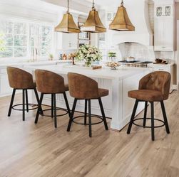 26 in.Brown Faux Leather Upholstered Swivel Bar Stool with Nailhead Counter Barstool Set of 6