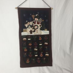 Christmas Advent Calendar W/ Mitten Pocket Countdown Velvet Snowmen Wall Hanging